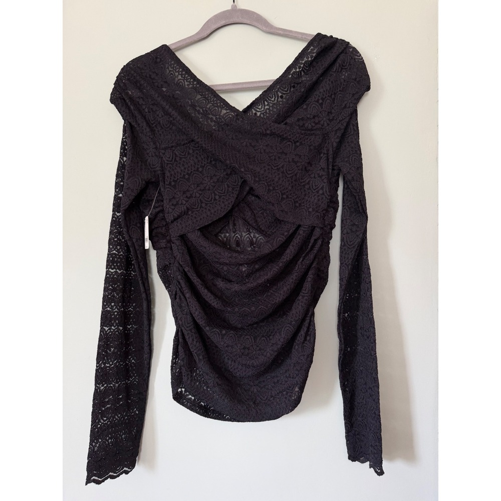 Free People Hold Me Closer Top Black Lace V-Neck Long Sleeve Shirt Large NWT NEW - Picture 8 of 10